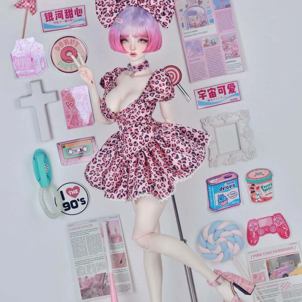 【BJD OUTFIT】1/3 &1/4 Leopard Print Dress with Necklace & Bow for BJD Dolls