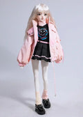 BJD doll wearing a pink jacket and black skirt, showcasing trendy outfit and accessories for 1/4 size girls.