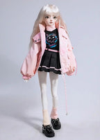 BJD doll wearing a pink jacket and black skirt, showcasing trendy outfit and accessories for 1/4 size girls.