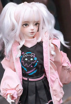 1/4 scale BJD doll wearing a pink jacket over a black shirt with a cute design, showcasing a fashionable outfit.
